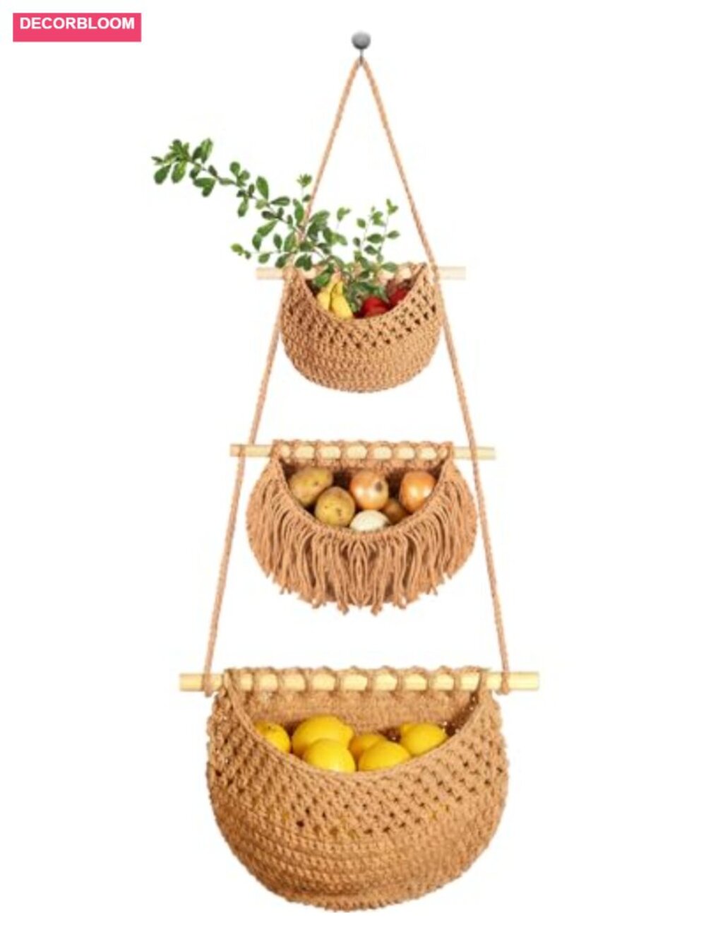3 Tier Hanging Fruit Basket, Jute Wall Storage Kitchen Organizer